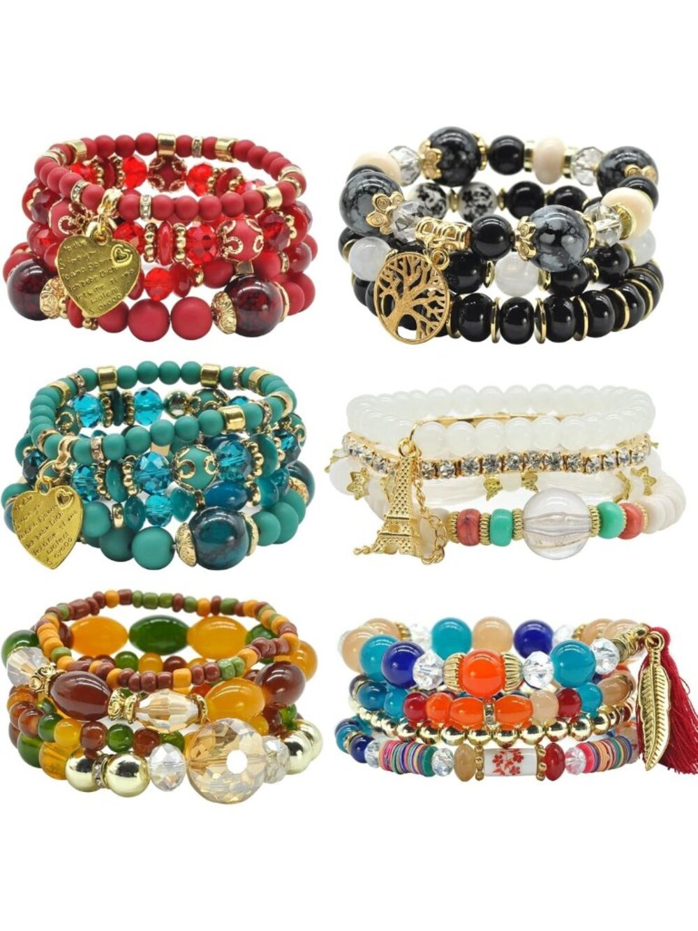 Bohemian Stackable Bracelet Sets - 6 Multi-Color Stretch Bracelets for Women